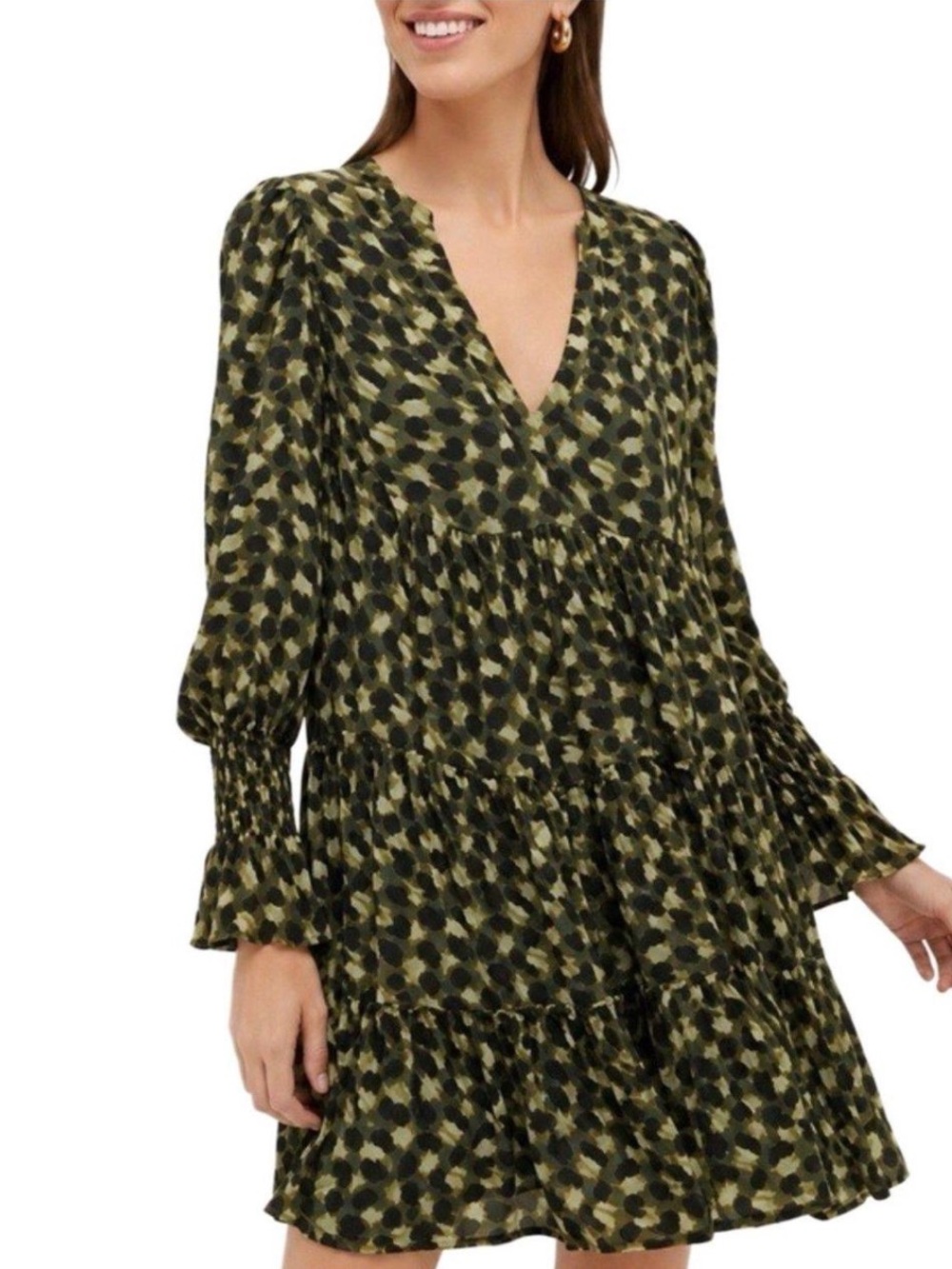Pomander Place V-Neck Tiered Mini Dress in Olive Print